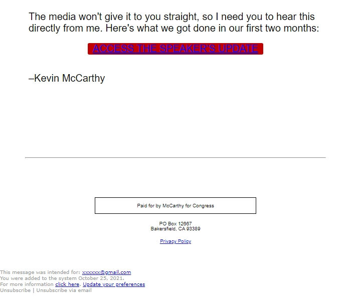 Screenshot of the email generated on import