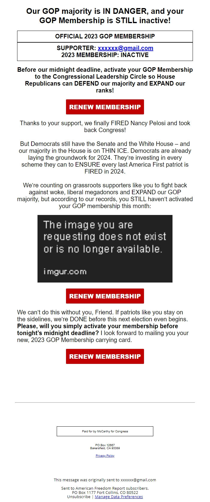 Screenshot of the email generated on import