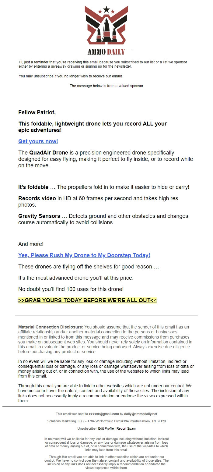Screenshot of the email generated on import