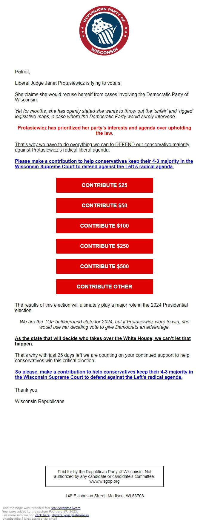 Screenshot of the email generated on import