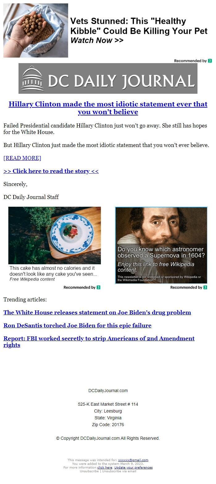 Screenshot of the email generated on import