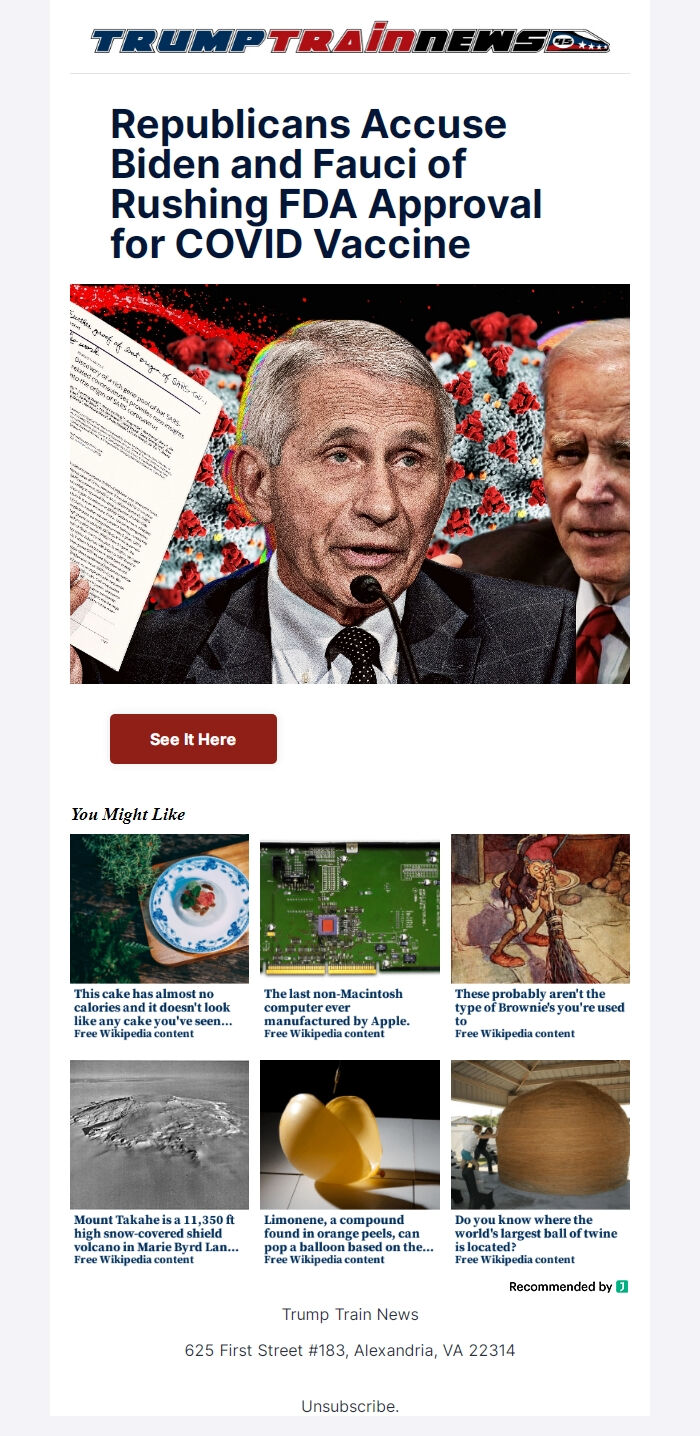 Screenshot of the email generated on import