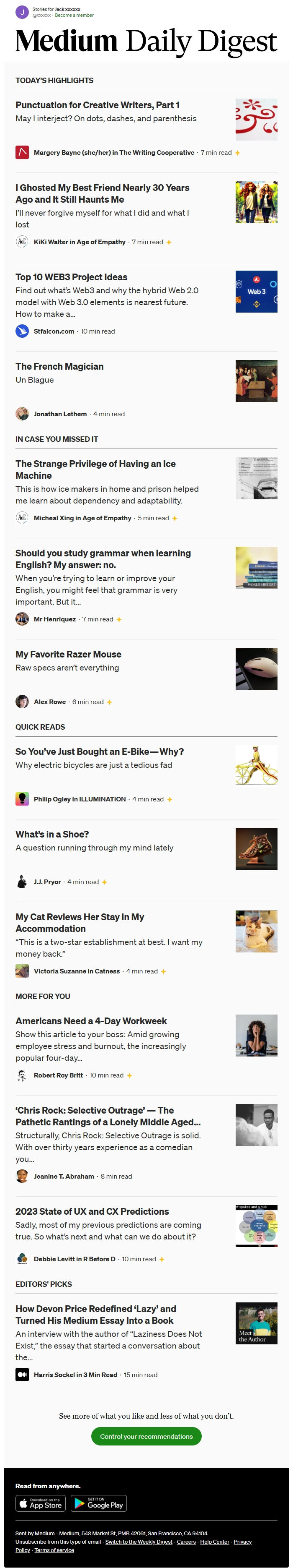 Screenshot of the email generated on import