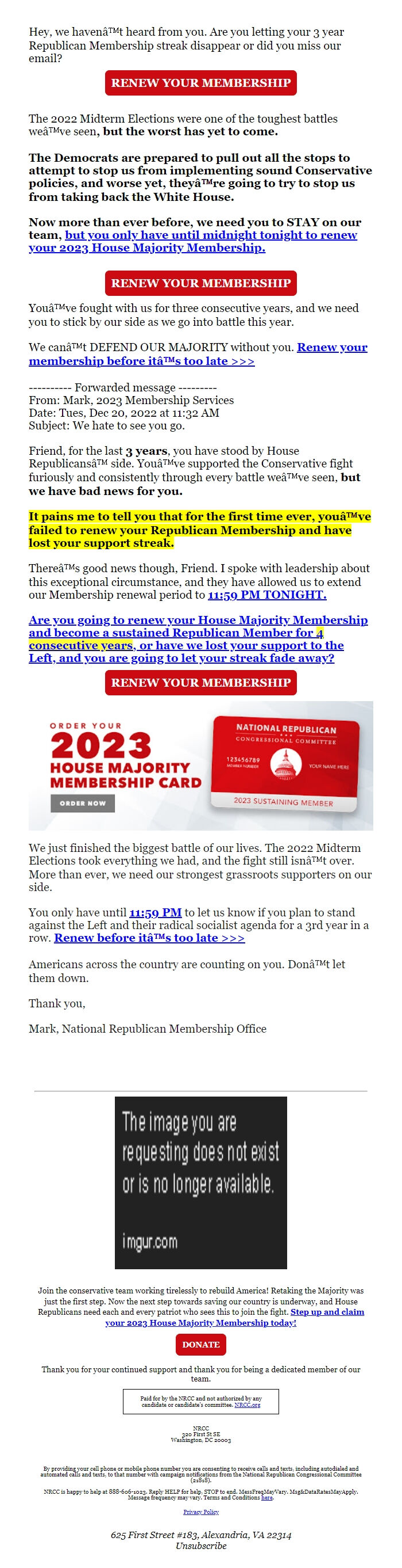 Screenshot of the email generated on import