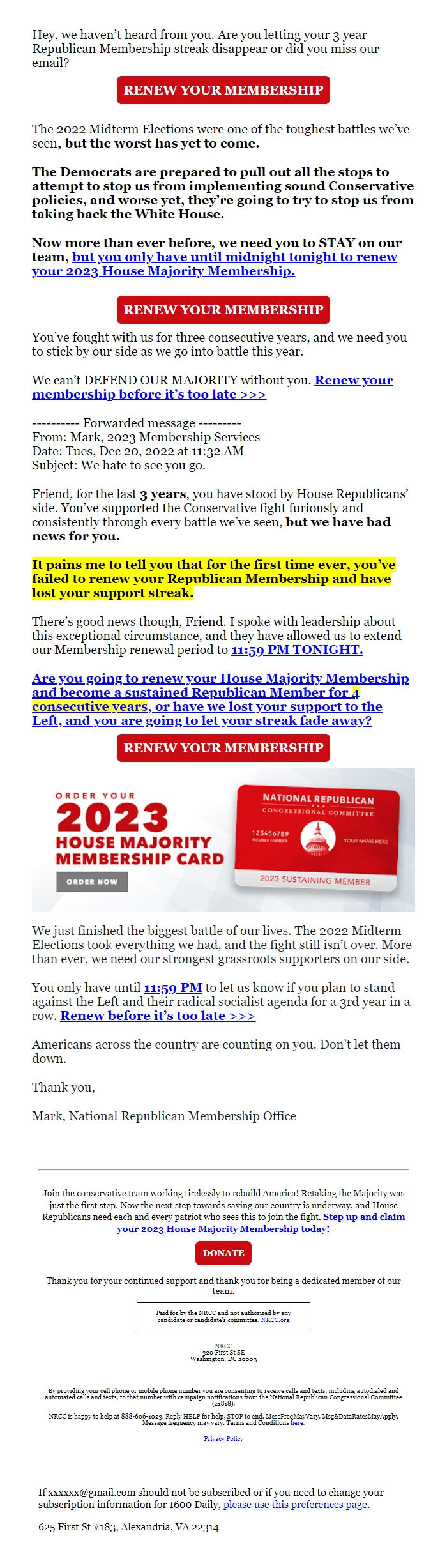 Screenshot of the email generated on import