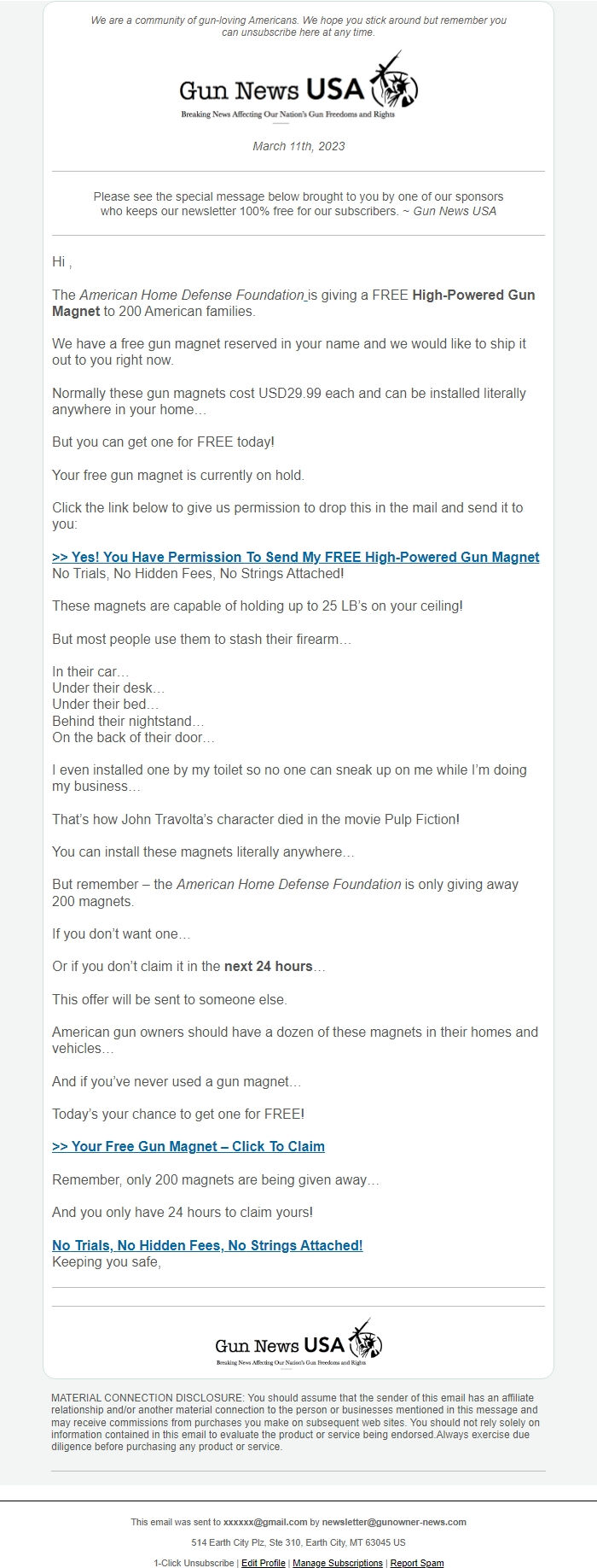 Screenshot of the email generated on import