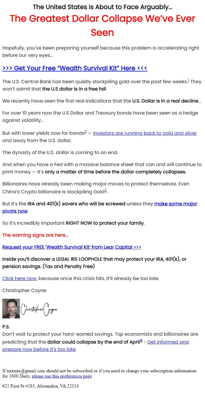 Screenshot of the email generated on import