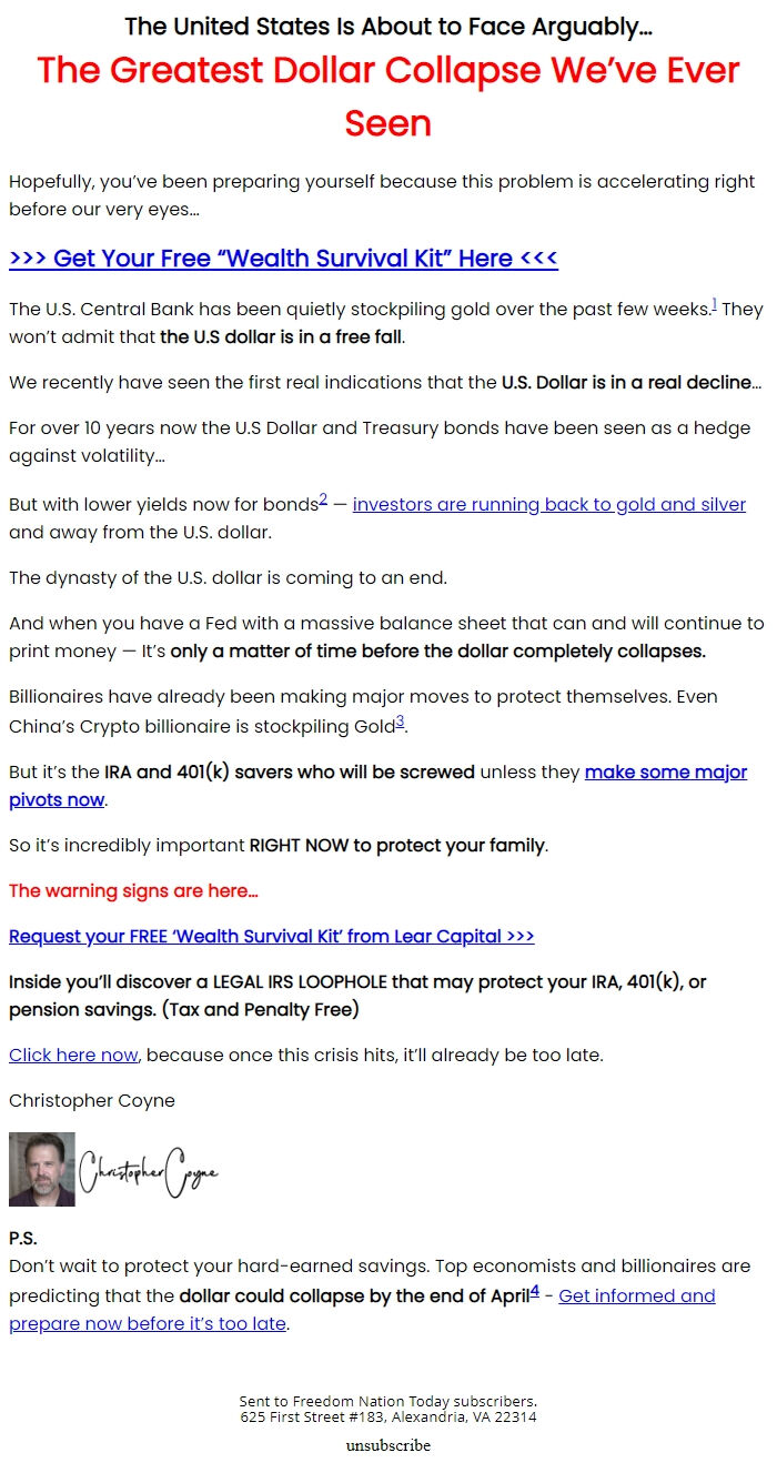Screenshot of the email generated on import