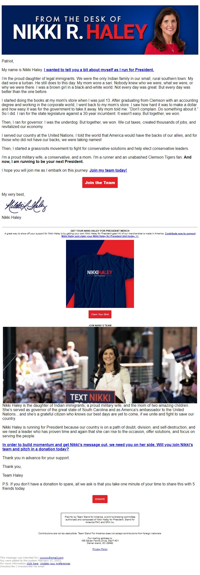 Screenshot of the email generated on import