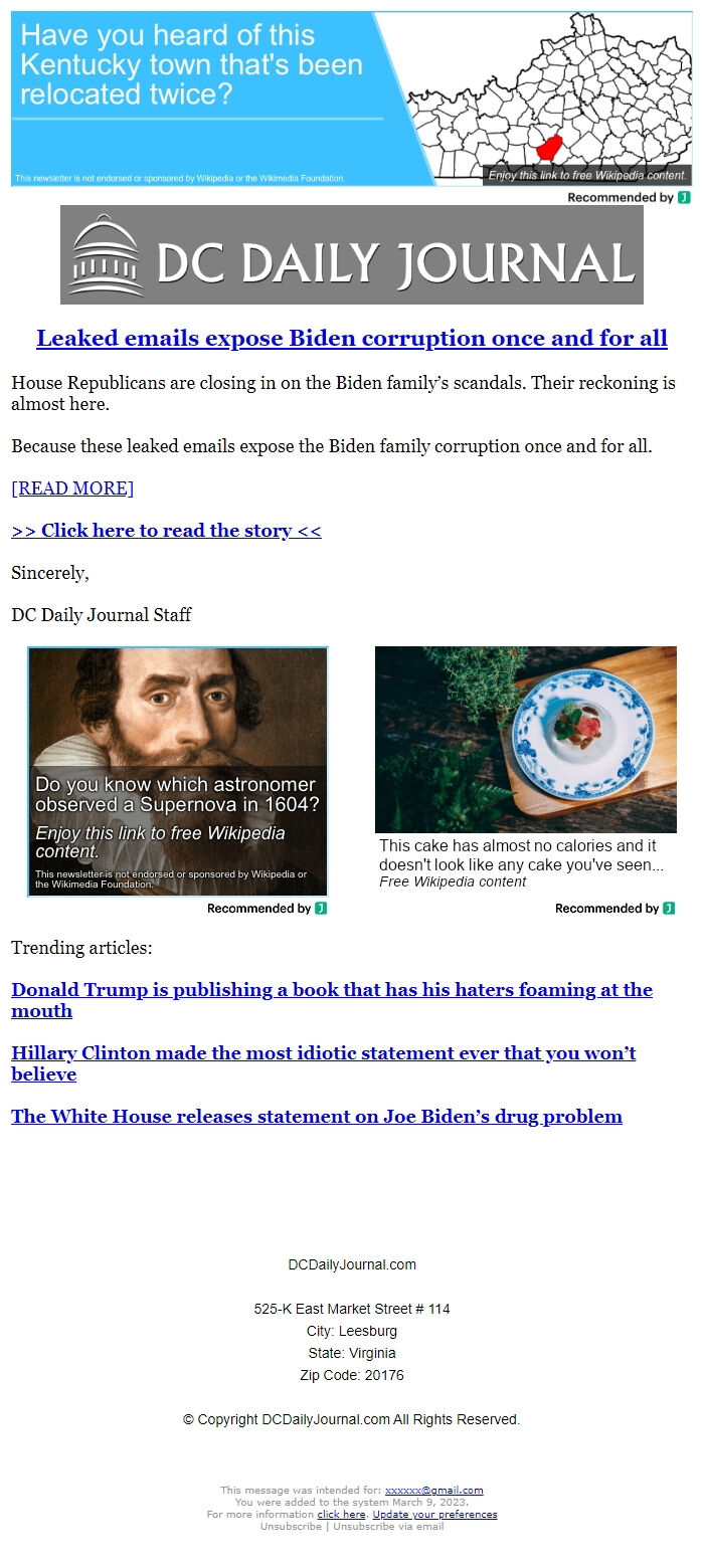 Screenshot of the email generated on import