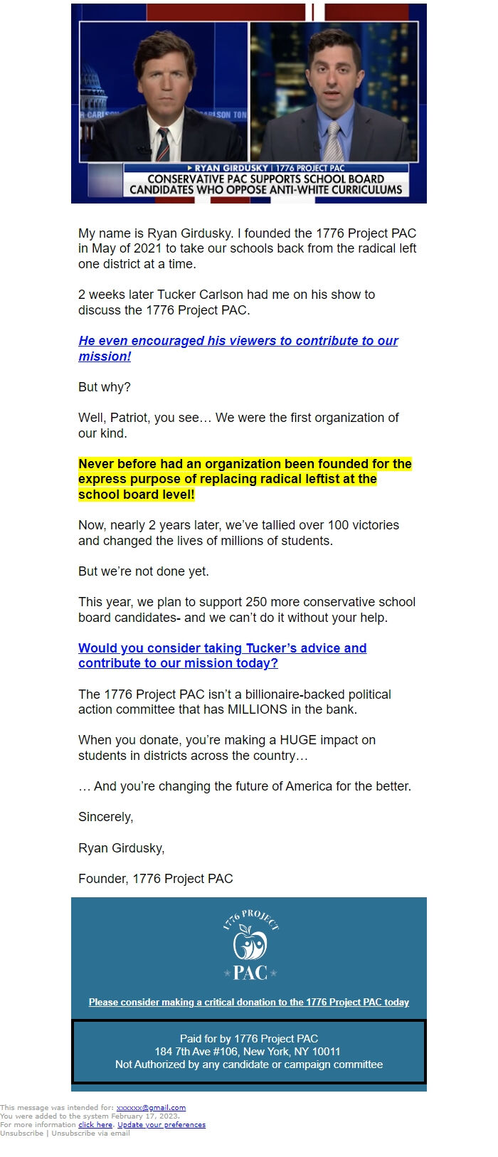 Screenshot of the email generated on import