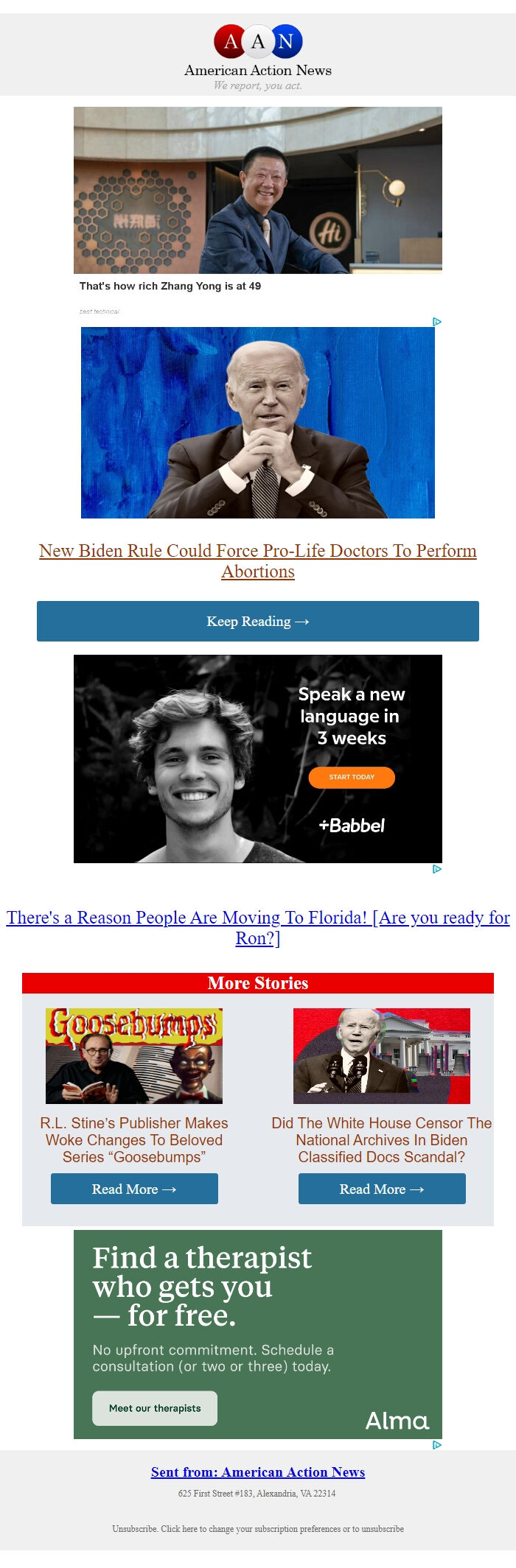 Screenshot of the email generated on import