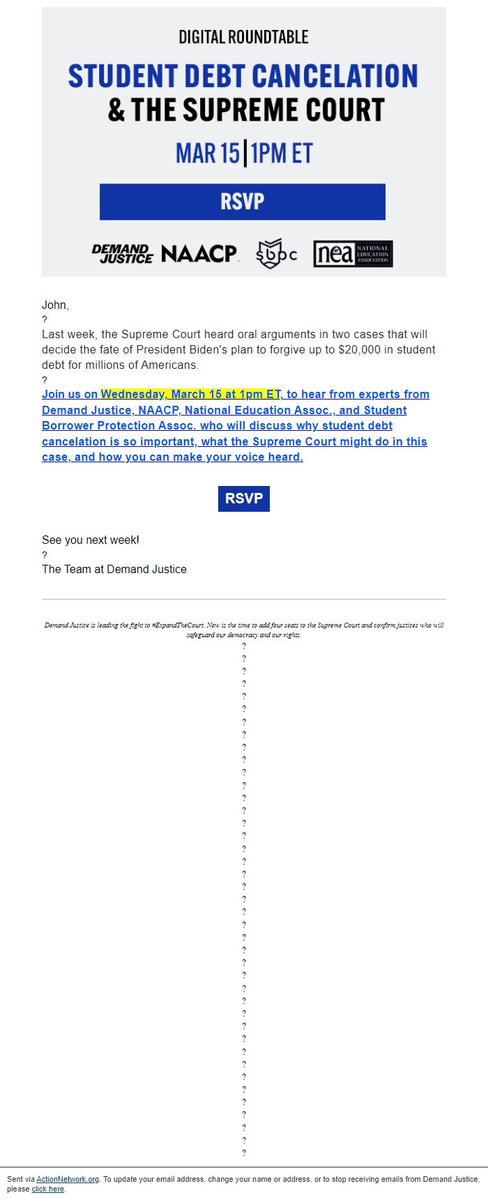 Screenshot of the email generated on import