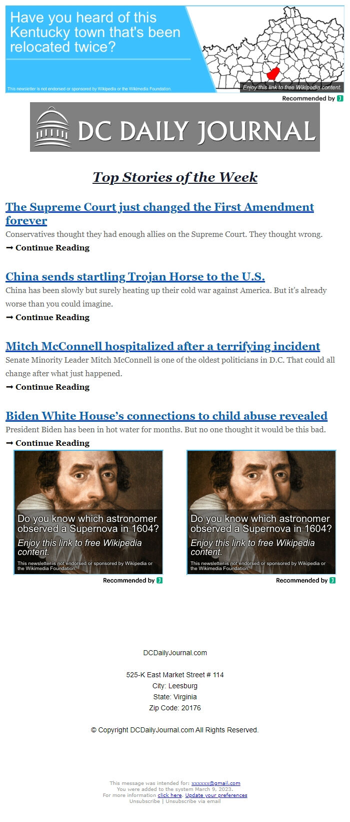 Screenshot of the email generated on import