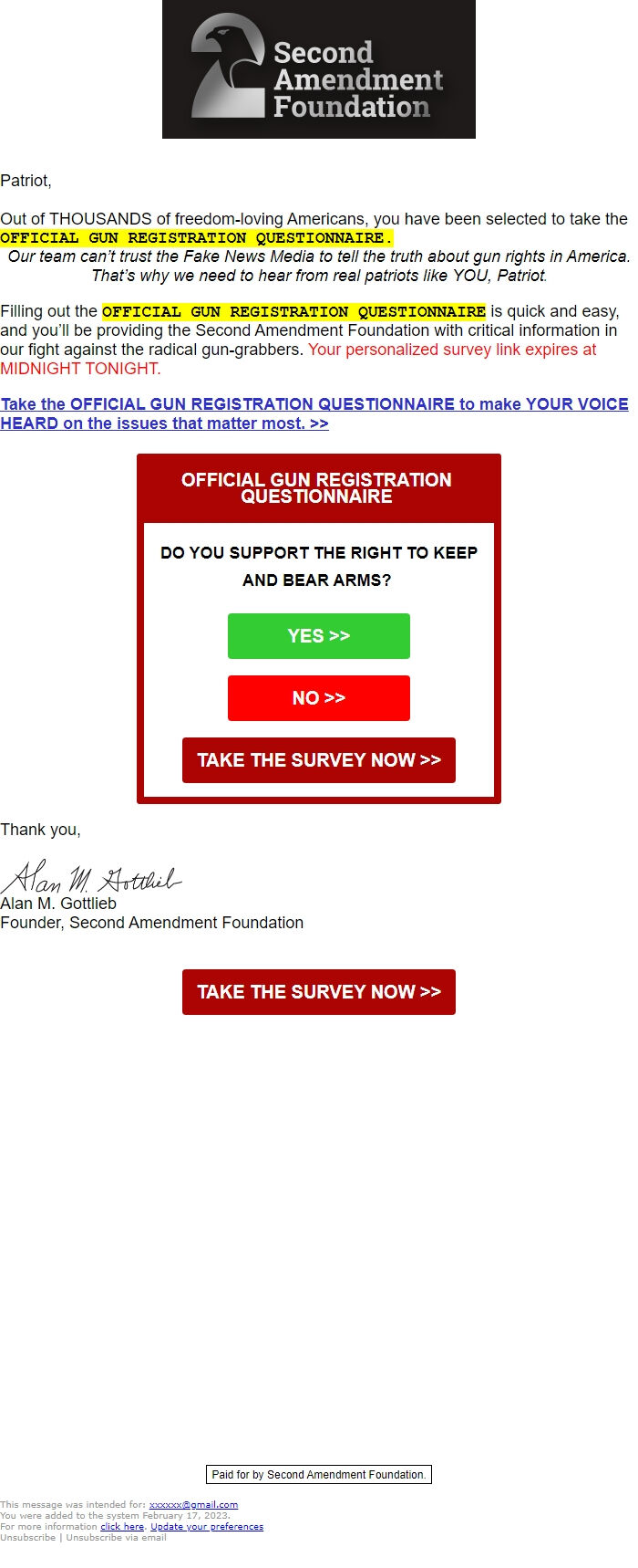 Screenshot of the email generated on import