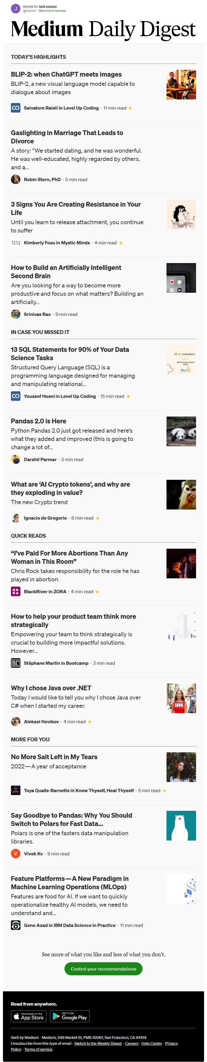 Screenshot of the email generated on import