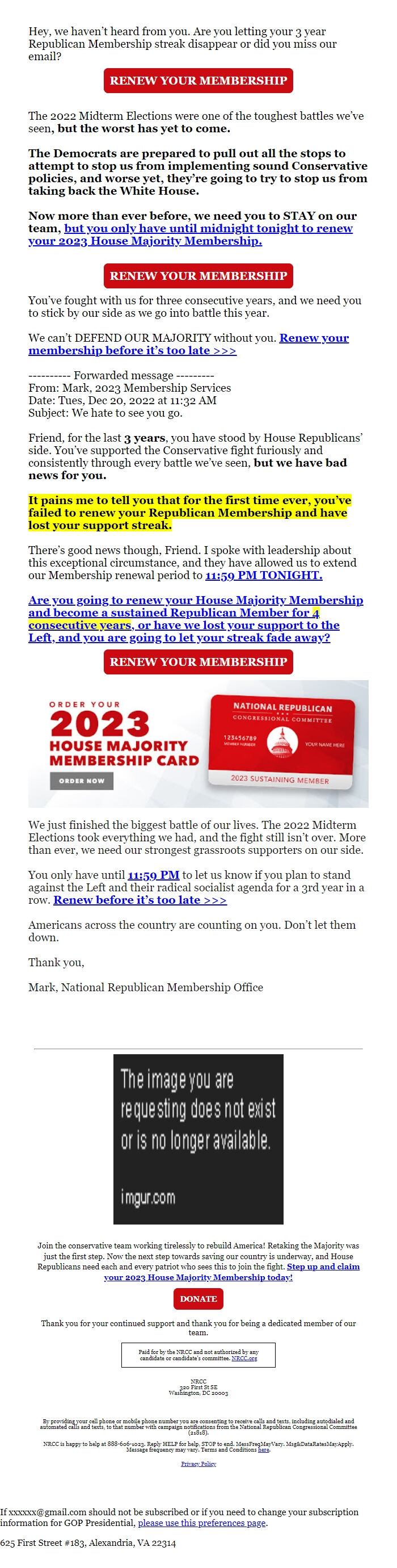 Screenshot of the email generated on import
