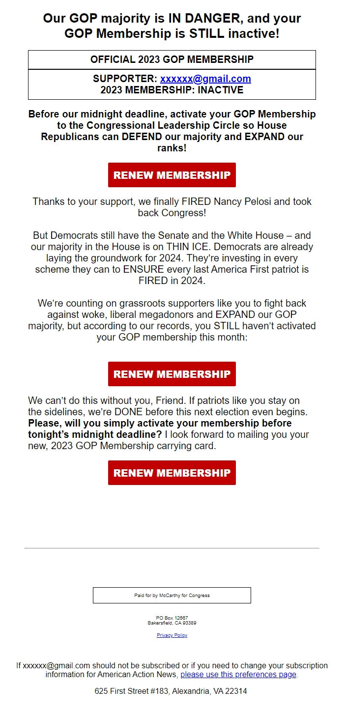 Screenshot of the email generated on import