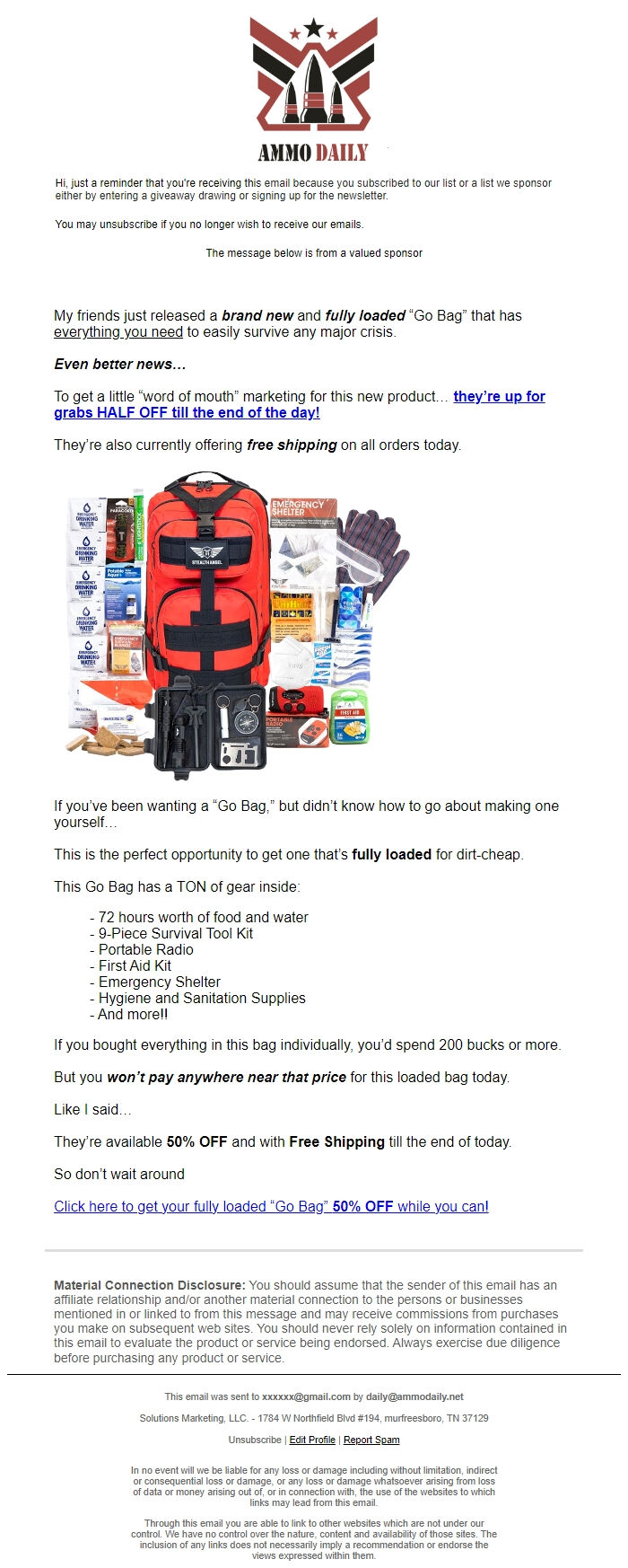 Screenshot of the email generated on import