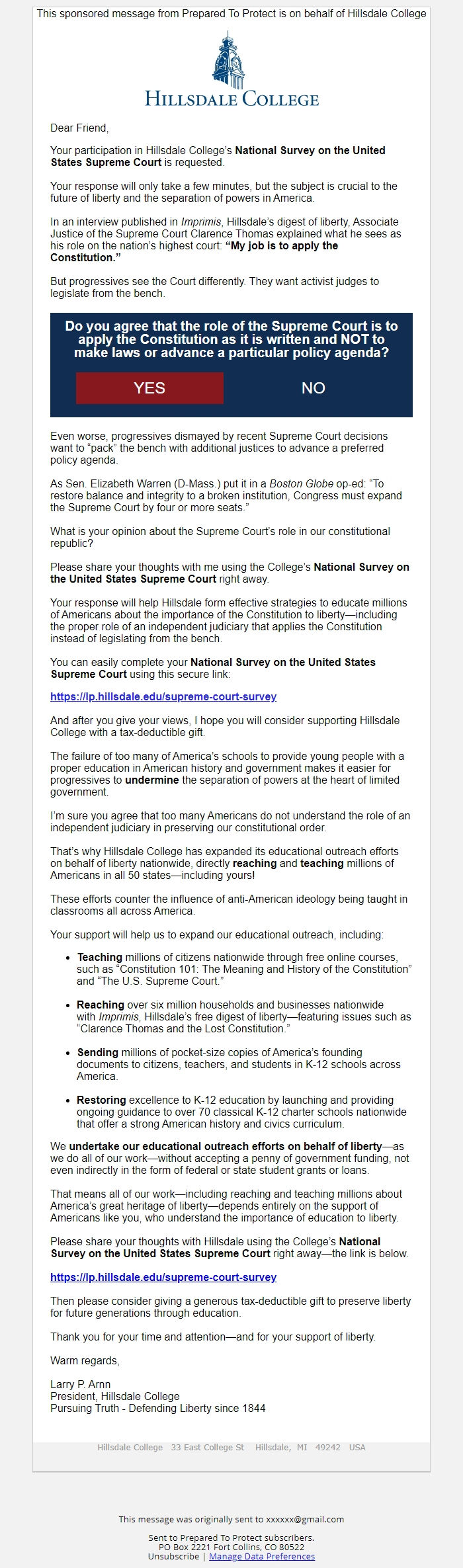 Screenshot of the email generated on import
