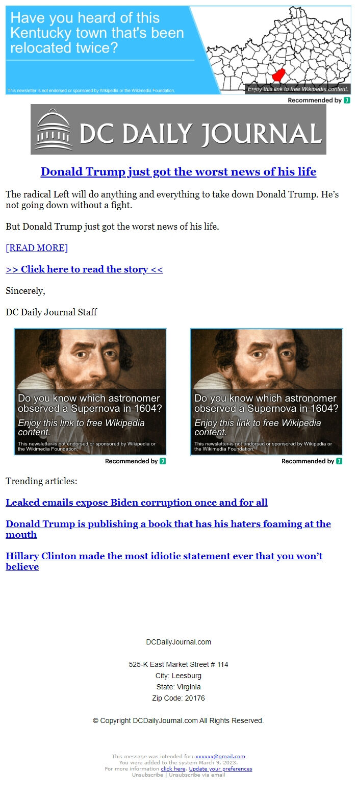 Screenshot of the email generated on import
