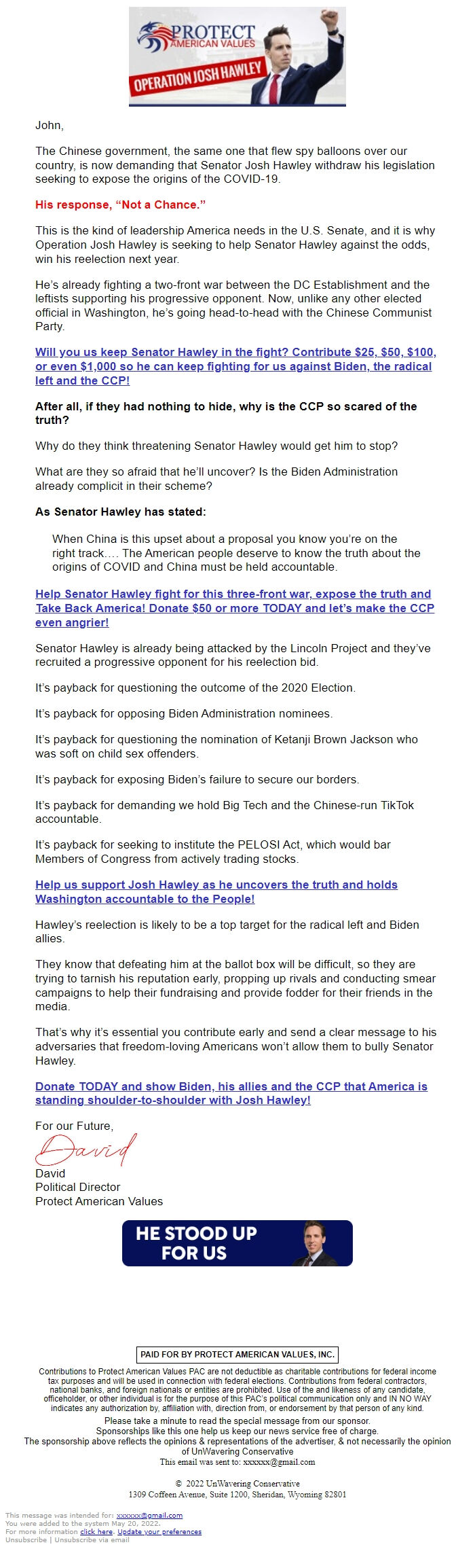 Screenshot of the email generated on import