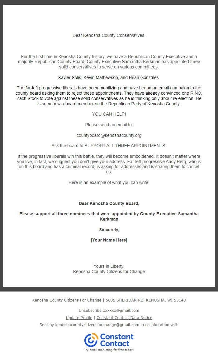 Screenshot of the email generated on import