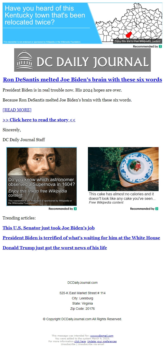 Screenshot of the email generated on import