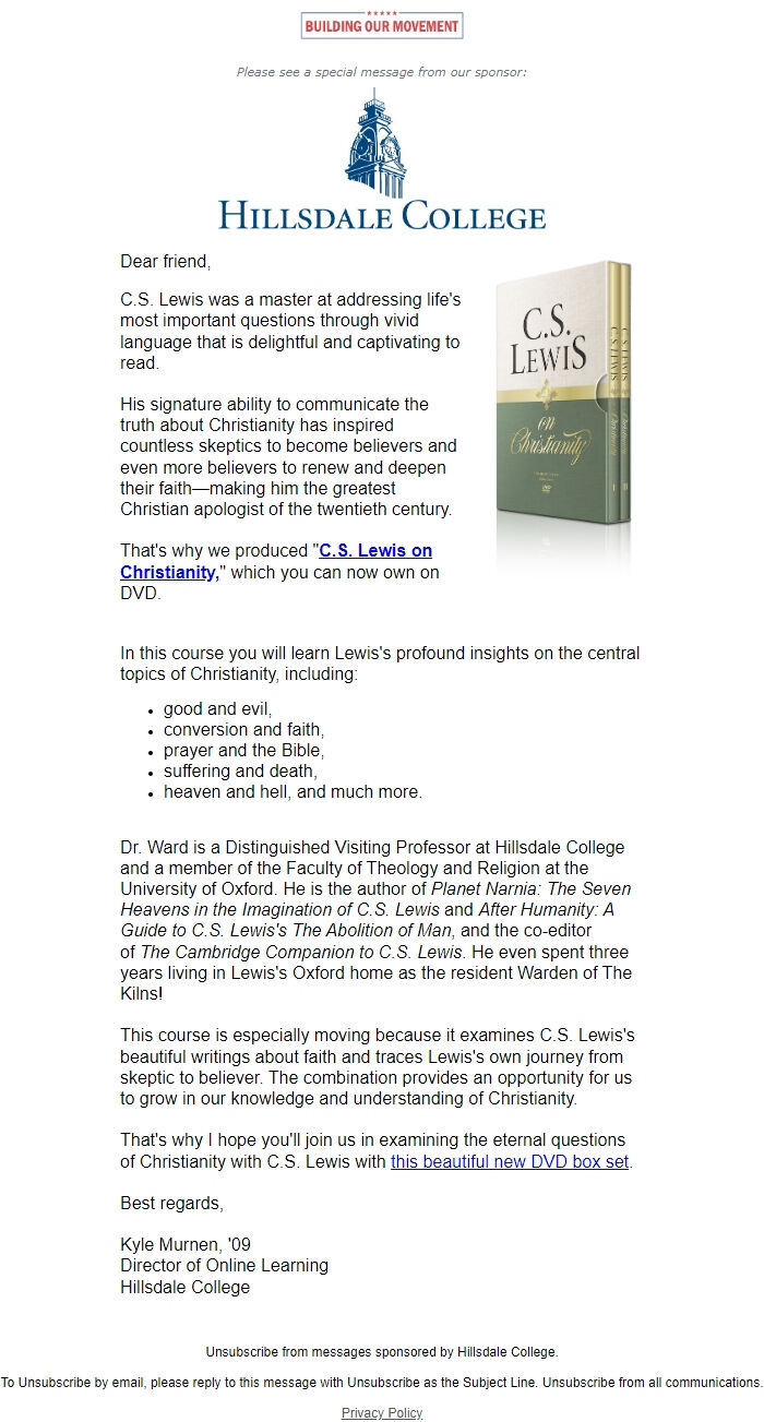 Screenshot of the email generated on import