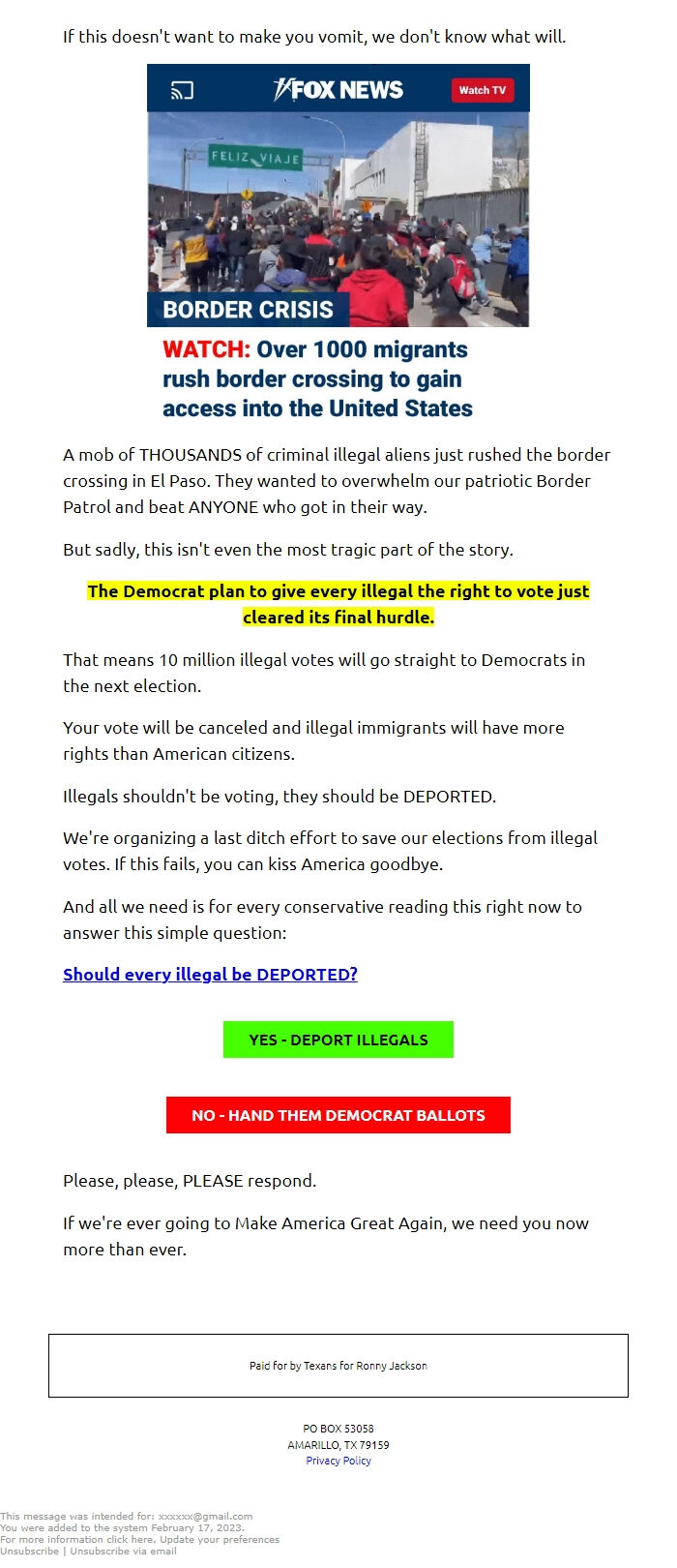 Screenshot of the email generated on import