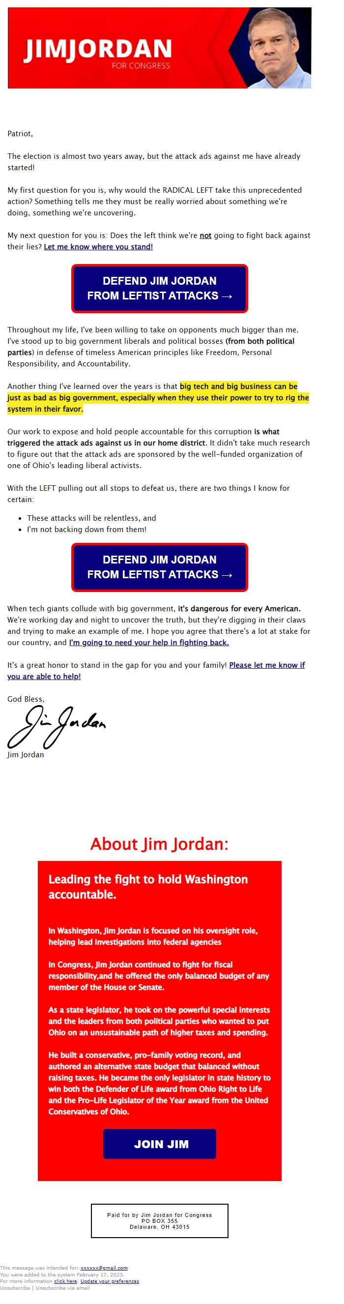 Screenshot of the email generated on import