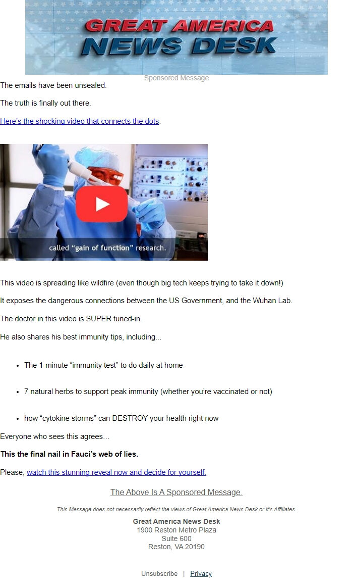 Screenshot of the email generated on import