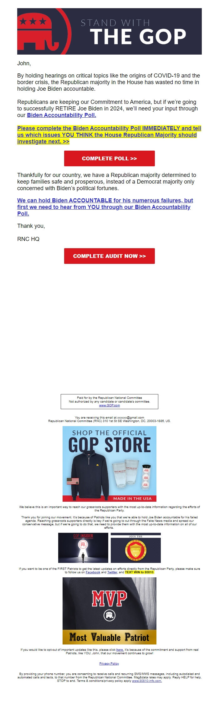 Screenshot of the email generated on import