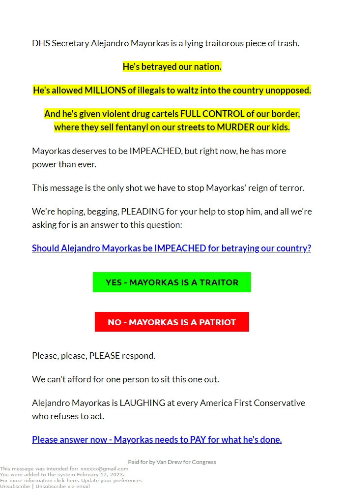 Screenshot of the email generated on import