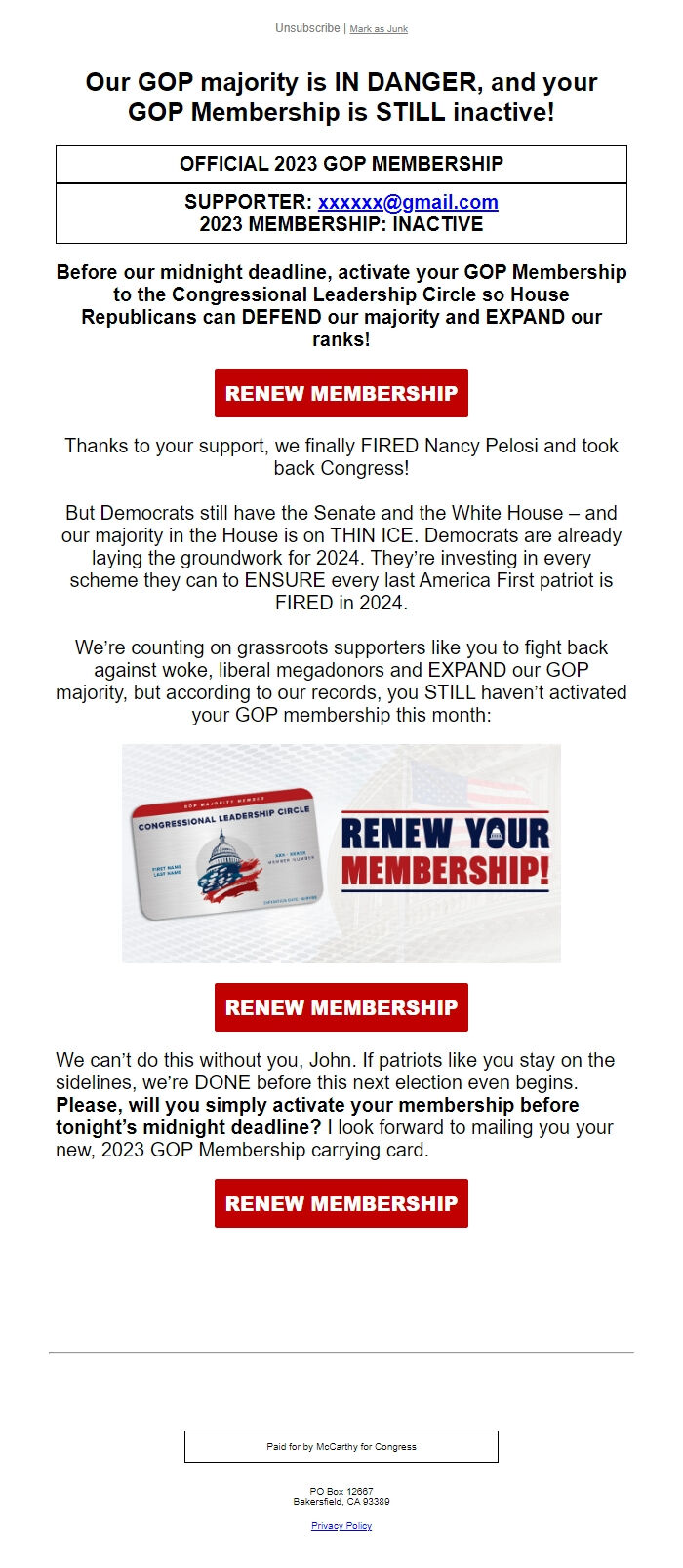 Screenshot of the email generated on import