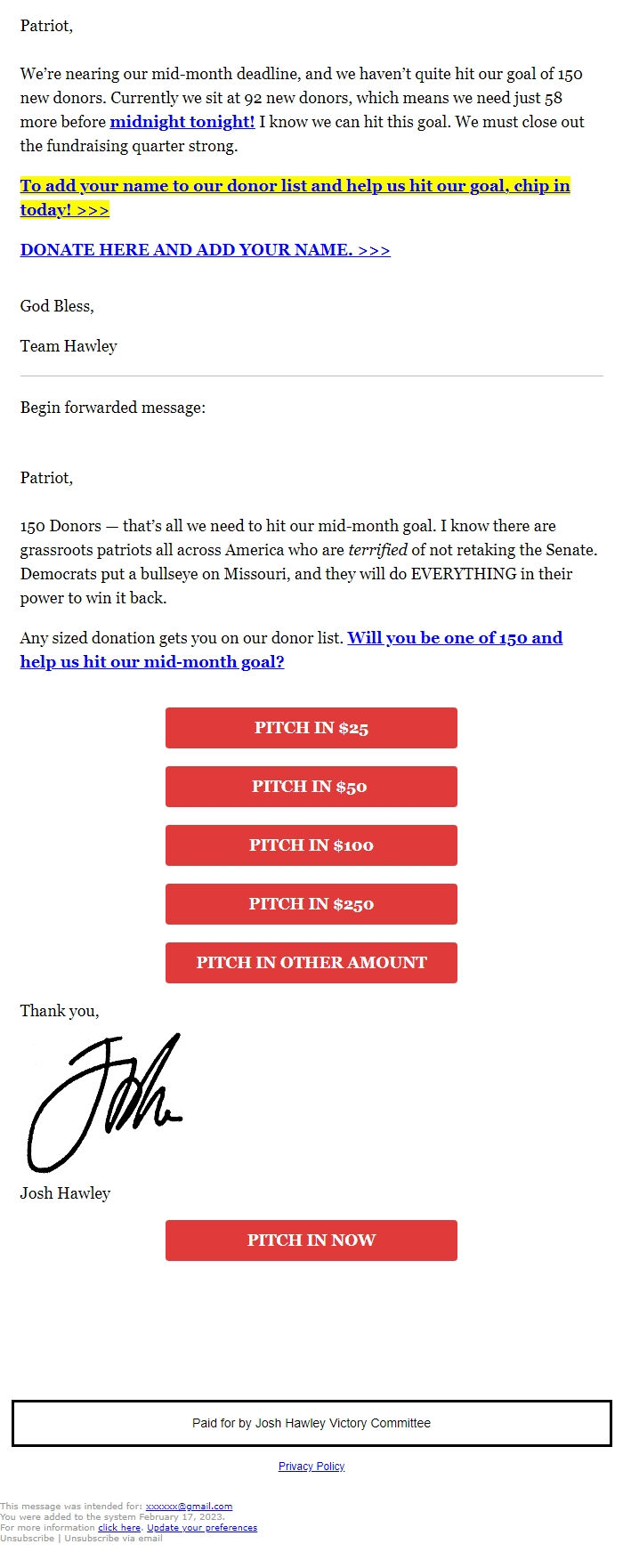 Screenshot of the email generated on import