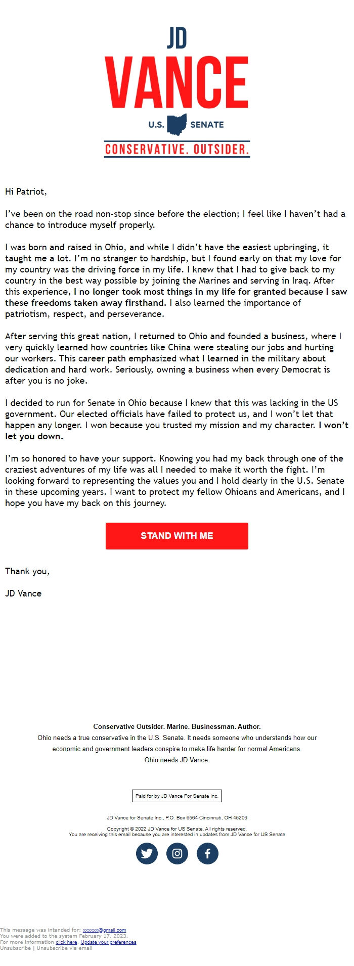 Screenshot of the email generated on import