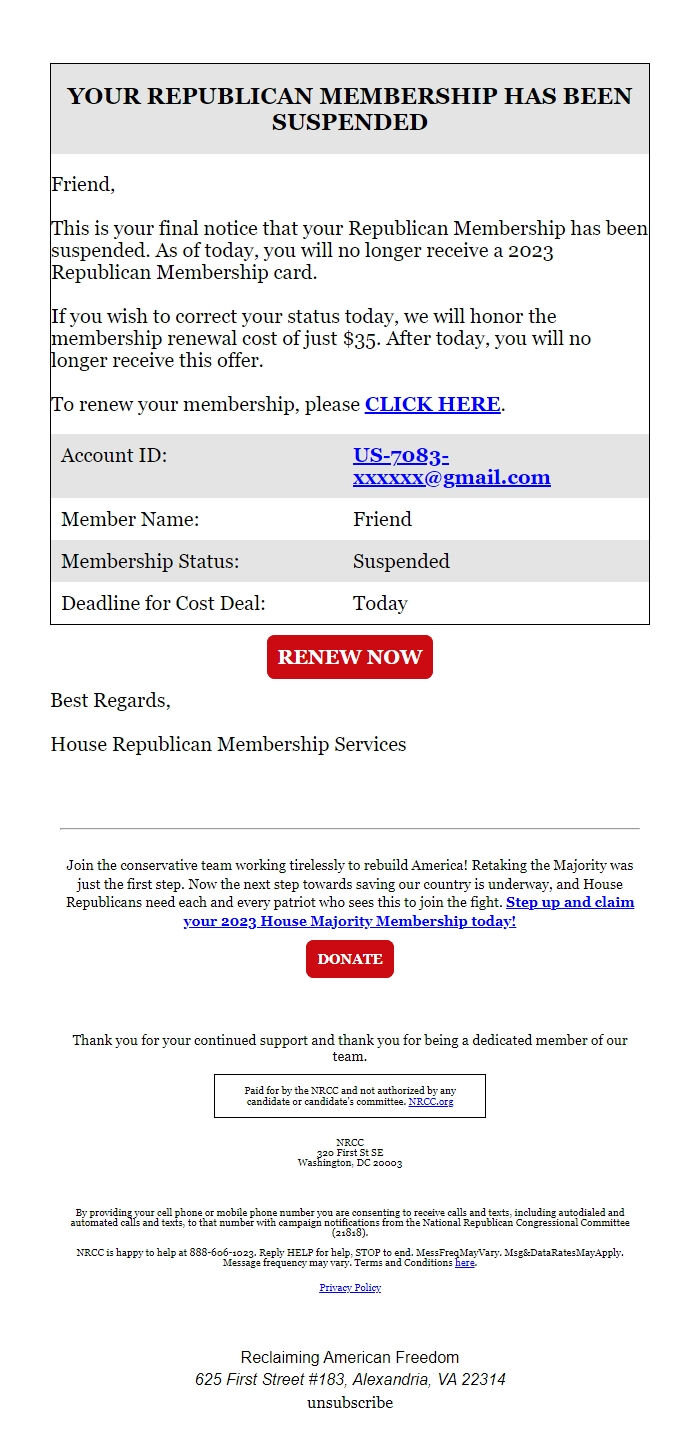 Screenshot of the email generated on import
