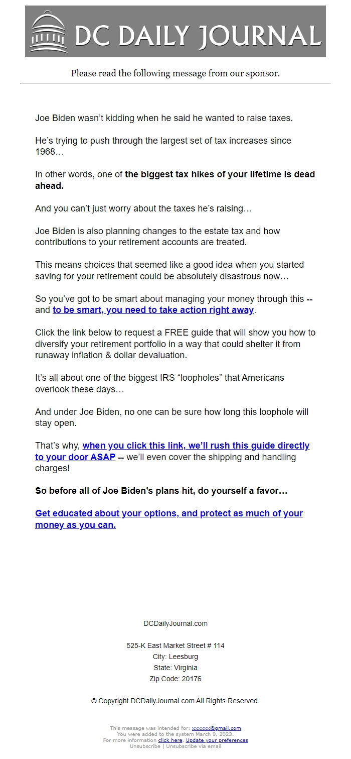 Screenshot of the email generated on import