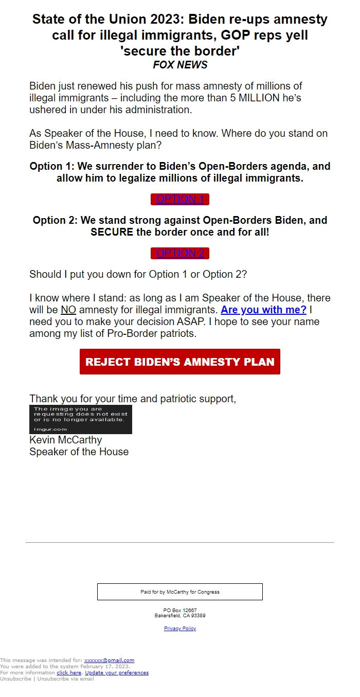 Screenshot of the email generated on import