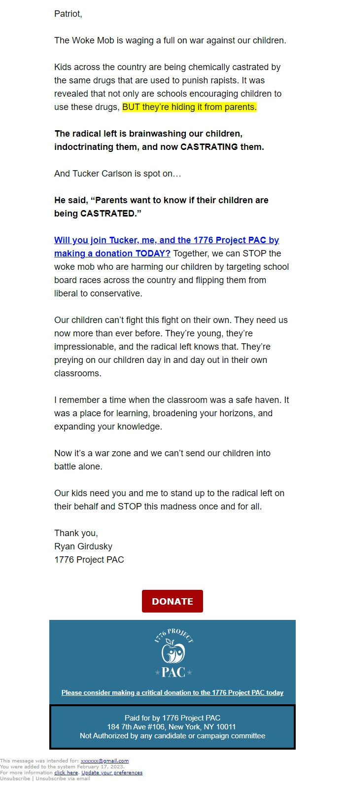 Screenshot of the email generated on import