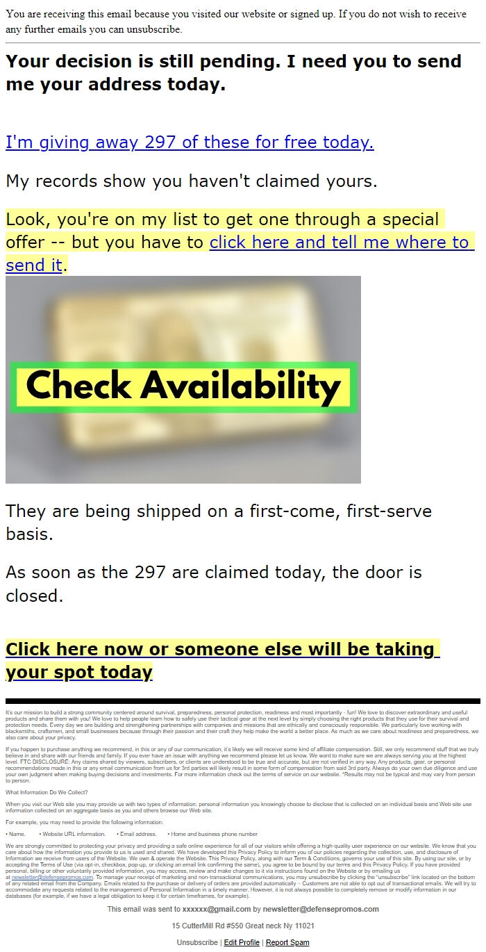 Screenshot of the email generated on import