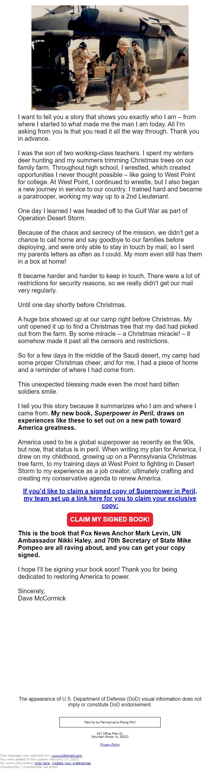 Screenshot of the email generated on import