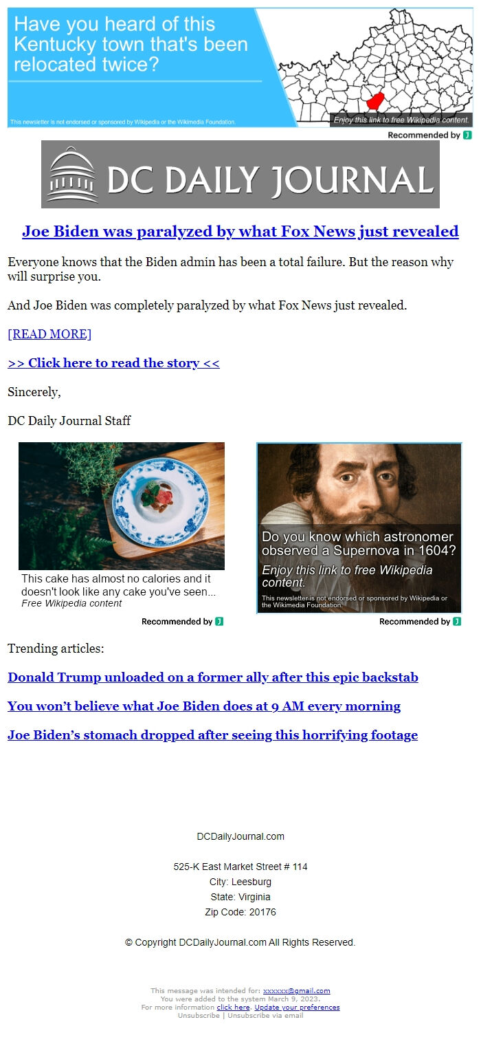 Screenshot of the email generated on import