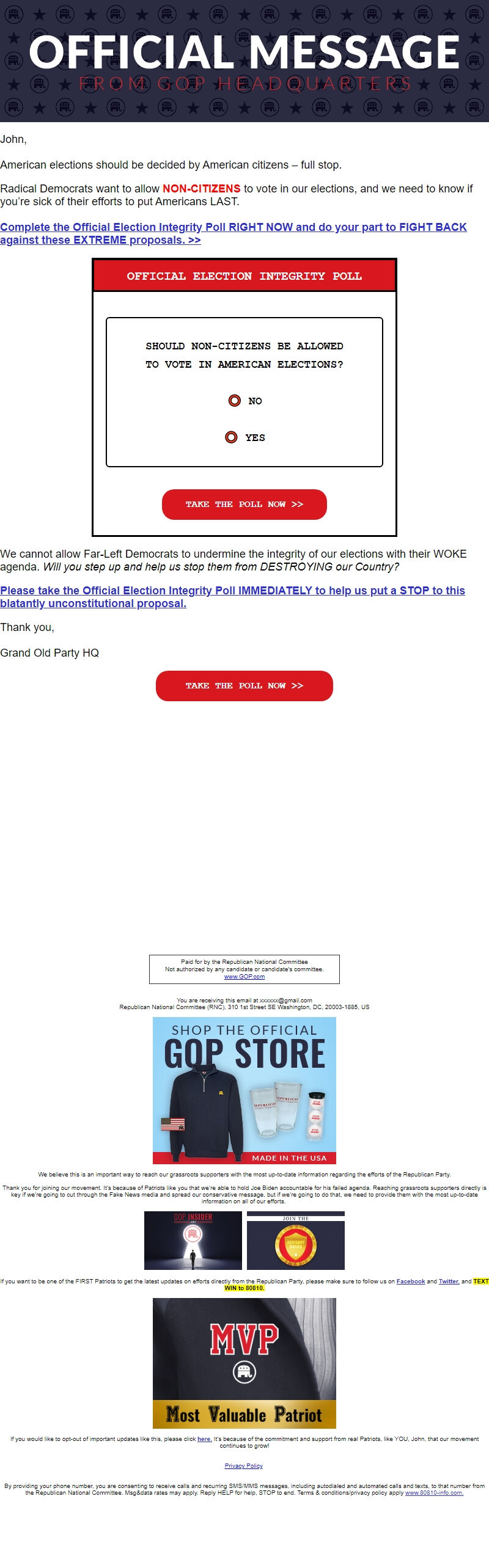 Screenshot of the email generated on import