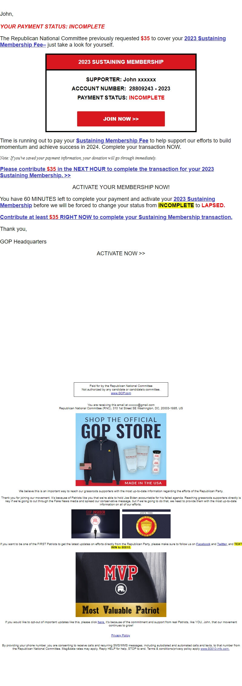 Screenshot of the email generated on import