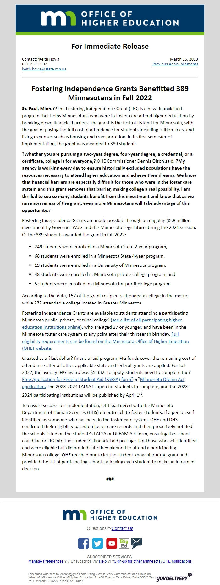 Screenshot of the email generated on import