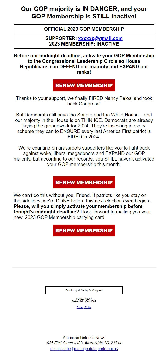 Screenshot of the email generated on import