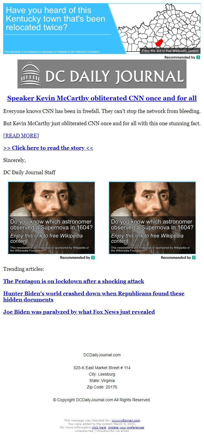 Screenshot of the email generated on import