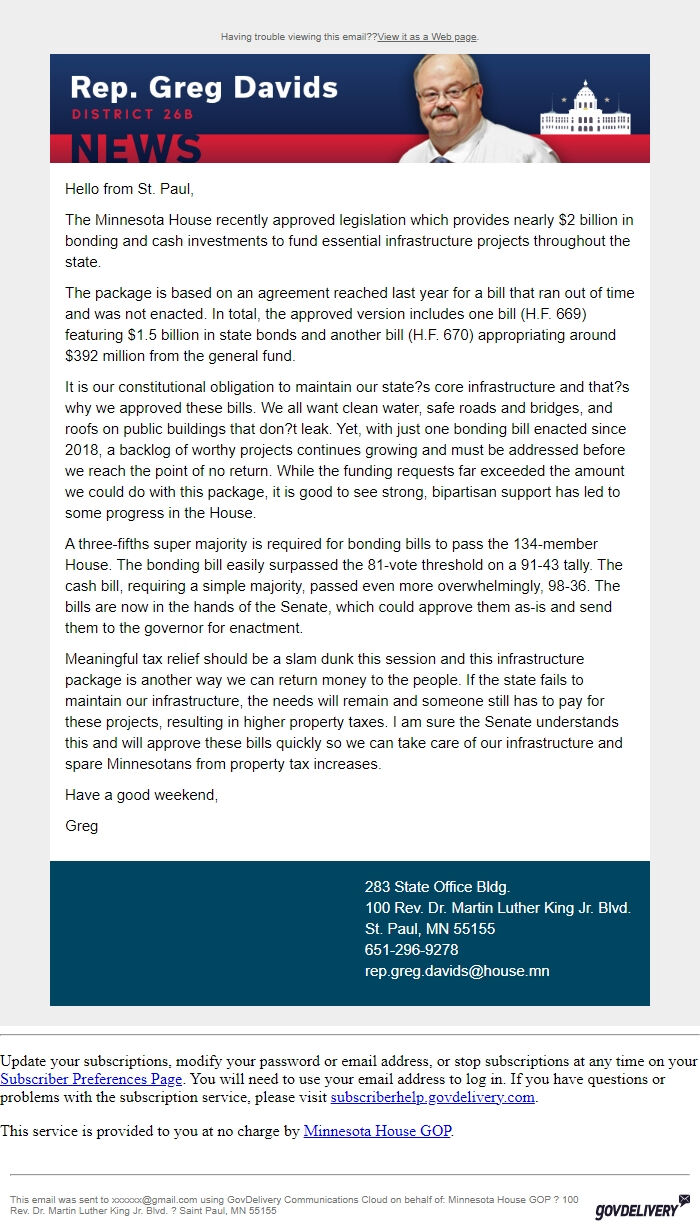 Screenshot of the email generated on import